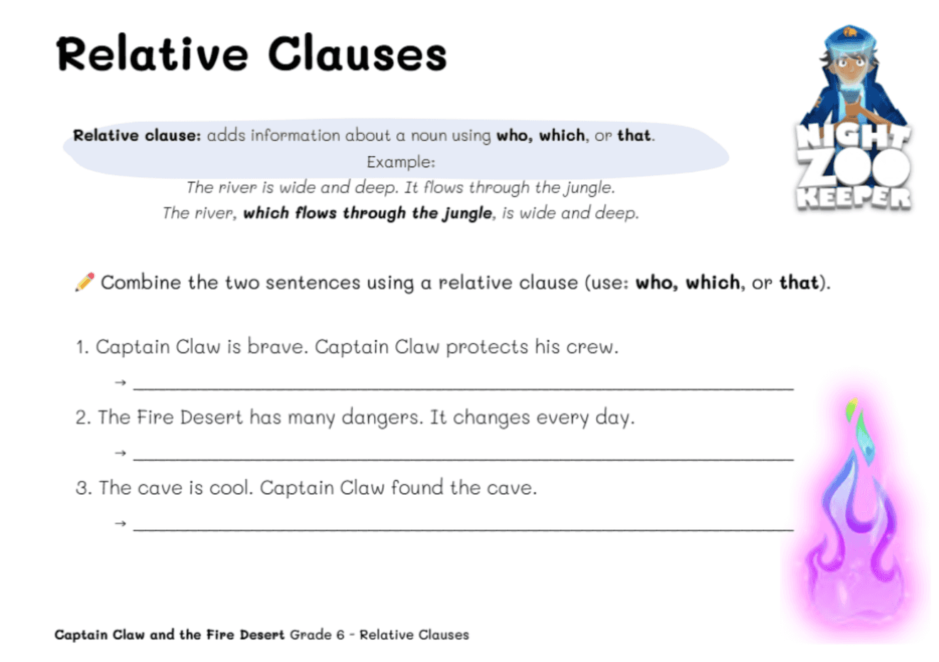 Grade 6 Grammar Worksheet | Night Zookeeper